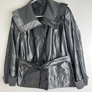 Ellen Tracy Shimmering Gray‎ Trench Coat Jacket Size 12 Silk Blazer